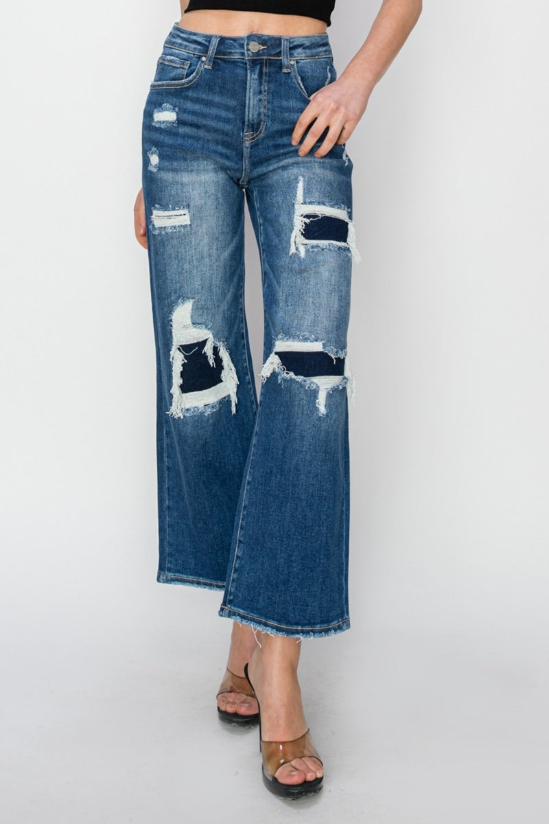 Patch Detailed Wide Leg Crop Jeans