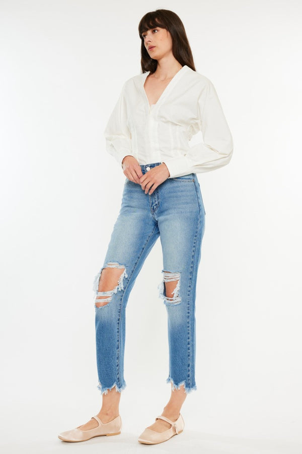 Kancan Regina Distressed Frayed Hem Cropped Jeans