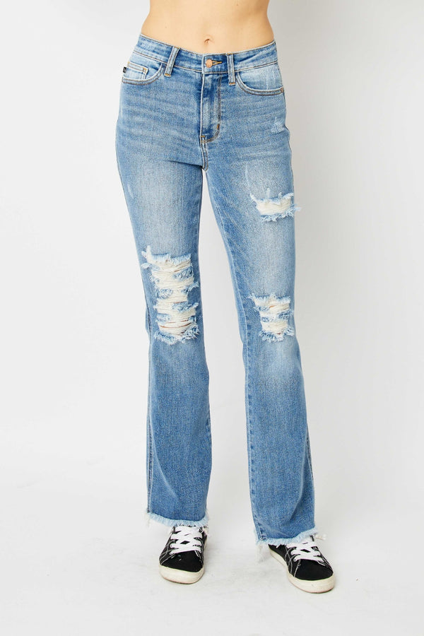 Bad Addiction Judy Blue Distressed Raw Hem Bootcut Jeans