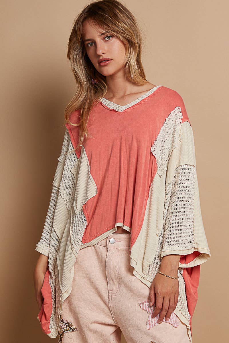 Oversize high low contrast fabric v-neck 3/4 sleeve top SALE