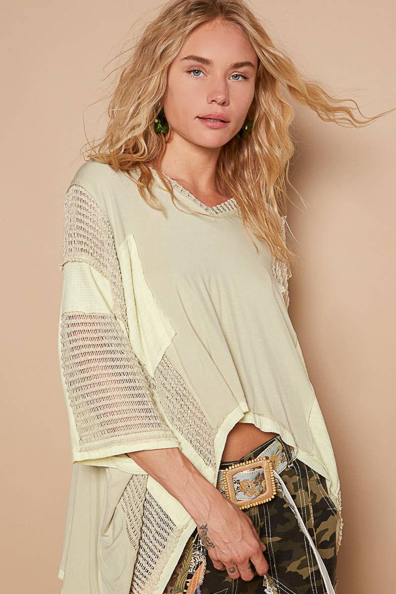 Oversize high low contrast fabric v-neck 3/4 sleeve top SALE