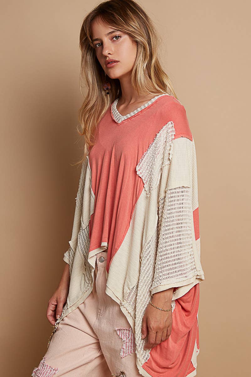 Oversize high low contrast fabric v-neck 3/4 sleeve top SALE