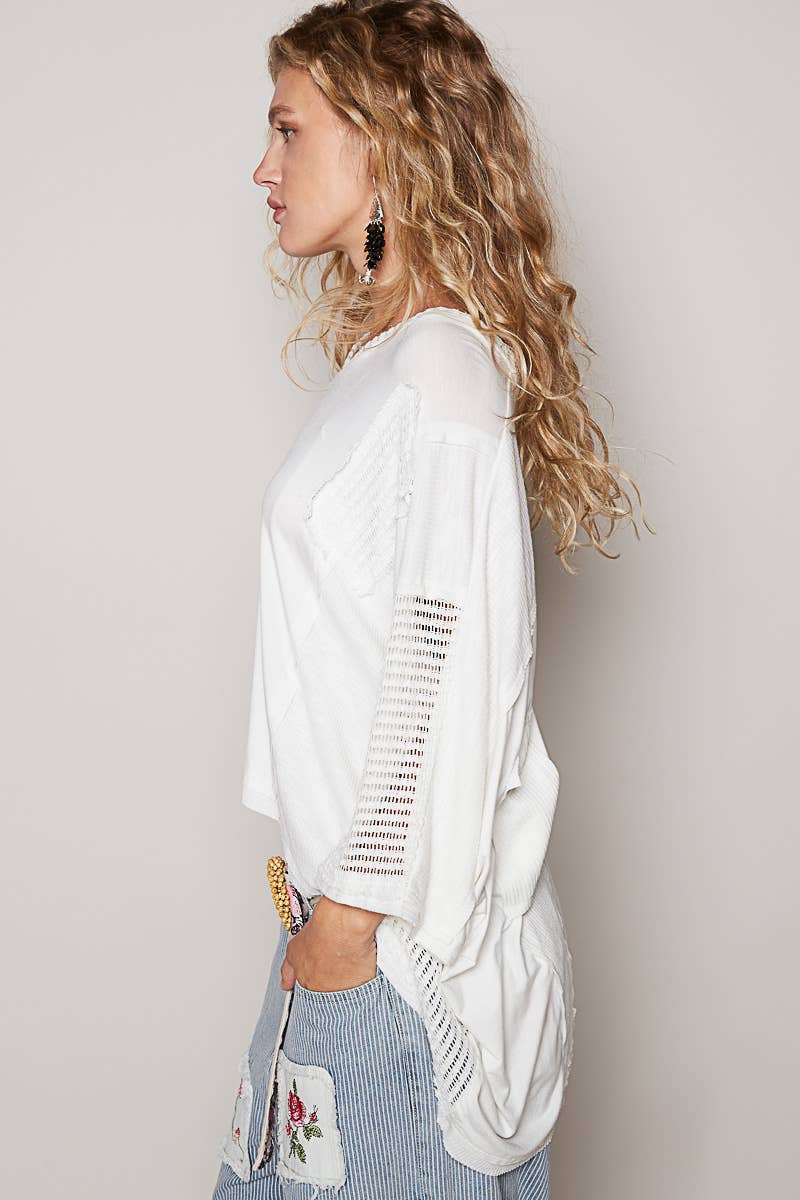 Oversize high low contrast fabric v-neck 3/4 sleeve top SALE