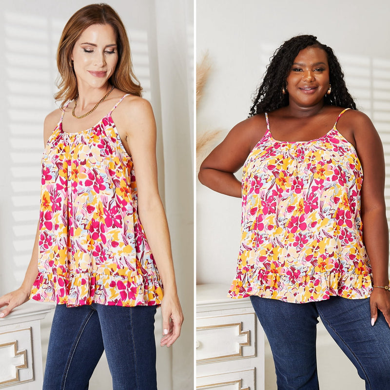 Double Take Floral Scoop Neck Ruffle Hem Cami