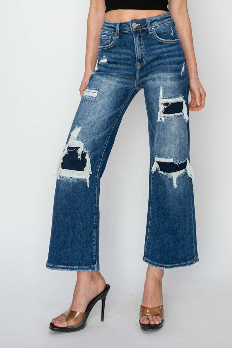 Patch Detailed Wide Leg Crop Jeans