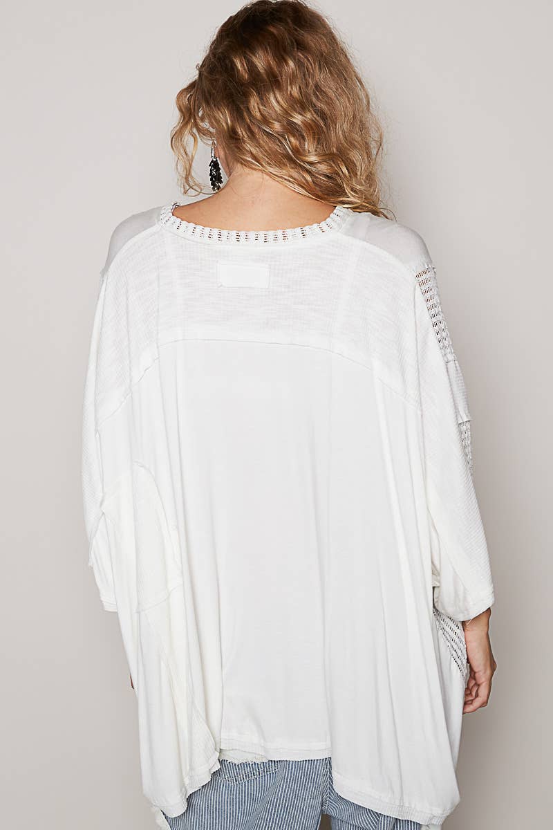 Oversize high low contrast fabric v-neck 3/4 sleeve top SALE