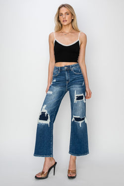 Patch Detailed Wide Leg Crop Jeans