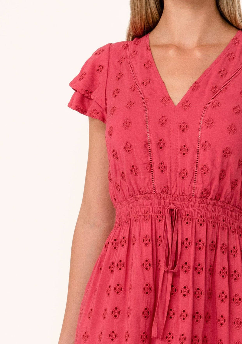 Eyelet Ruffle Sleeve V Neck High Low Mini Dress