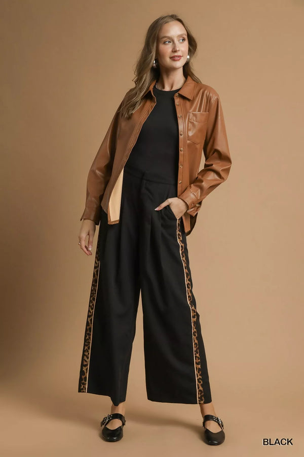 Umgee wide leg pants, Umgee clothing online, leopard print trim pants, 