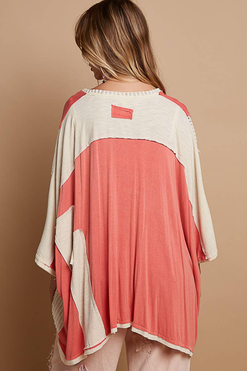 Oversize high low contrast fabric v-neck 3/4 sleeve top SALE