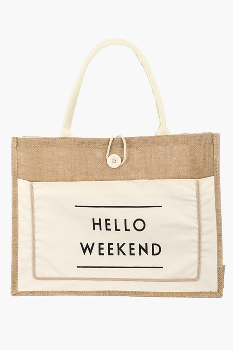 Hello Weekend Burlap Tote Bag