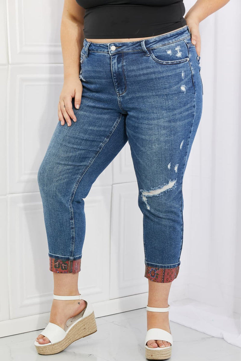 Judy Blue Gina Patch Cuff Boyfriend Jeans - $59