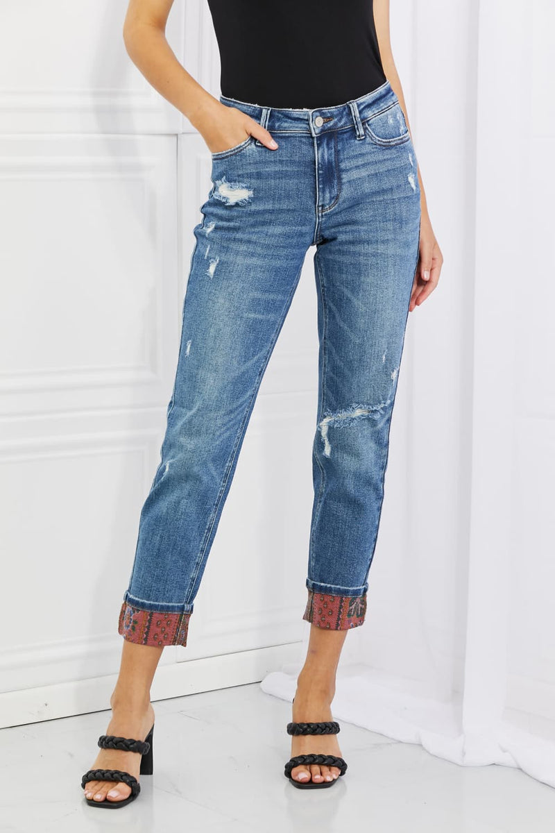 Judy Blue Gina Patch Cuff Boyfriend Jeans - $59