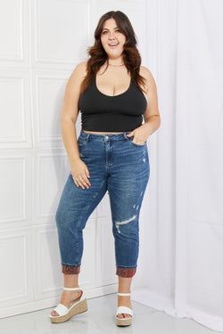 Judy Blue Gina Patch Cuff Boyfriend Jeans - $59