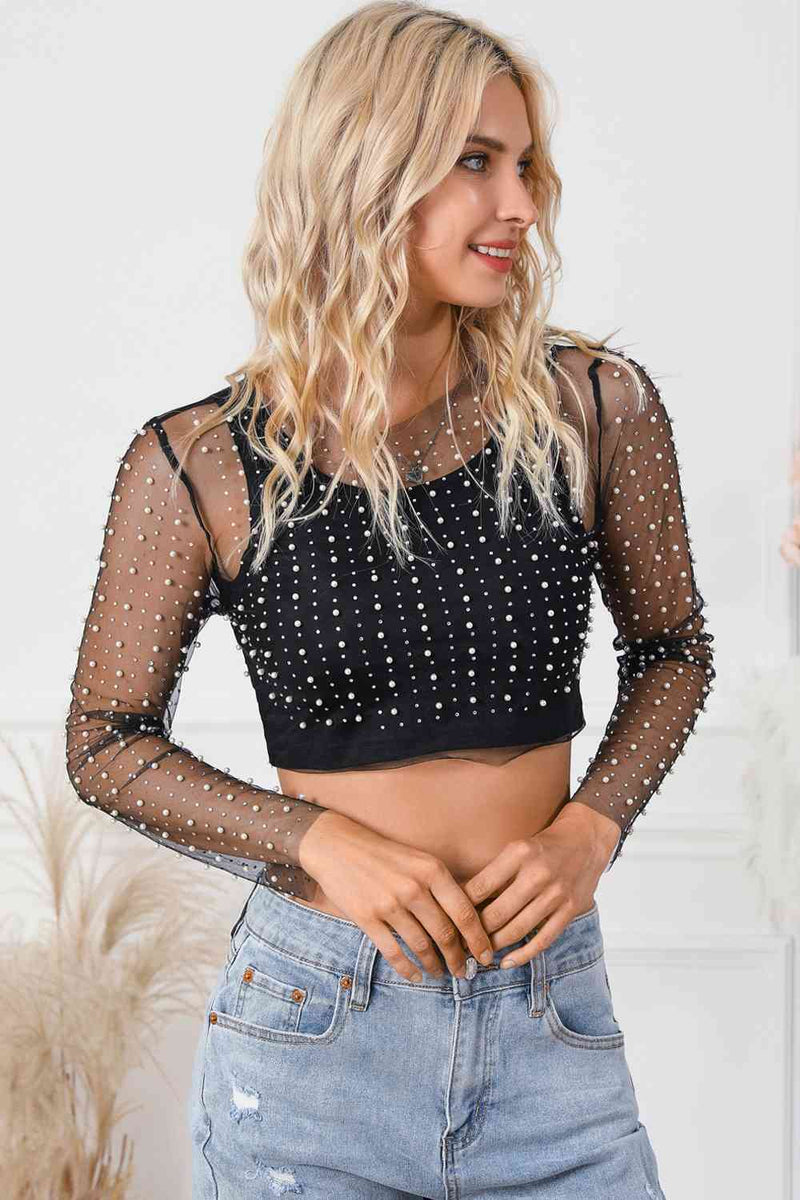 pearl & rhinestone crop top, see through pearl top, nye top, new years eve outfit, 
