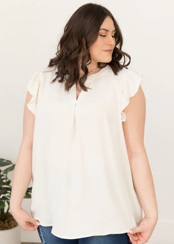 PLUS WOVEN WOOL PEACH RUFFLED SLEEVE HIGH LOW TOP